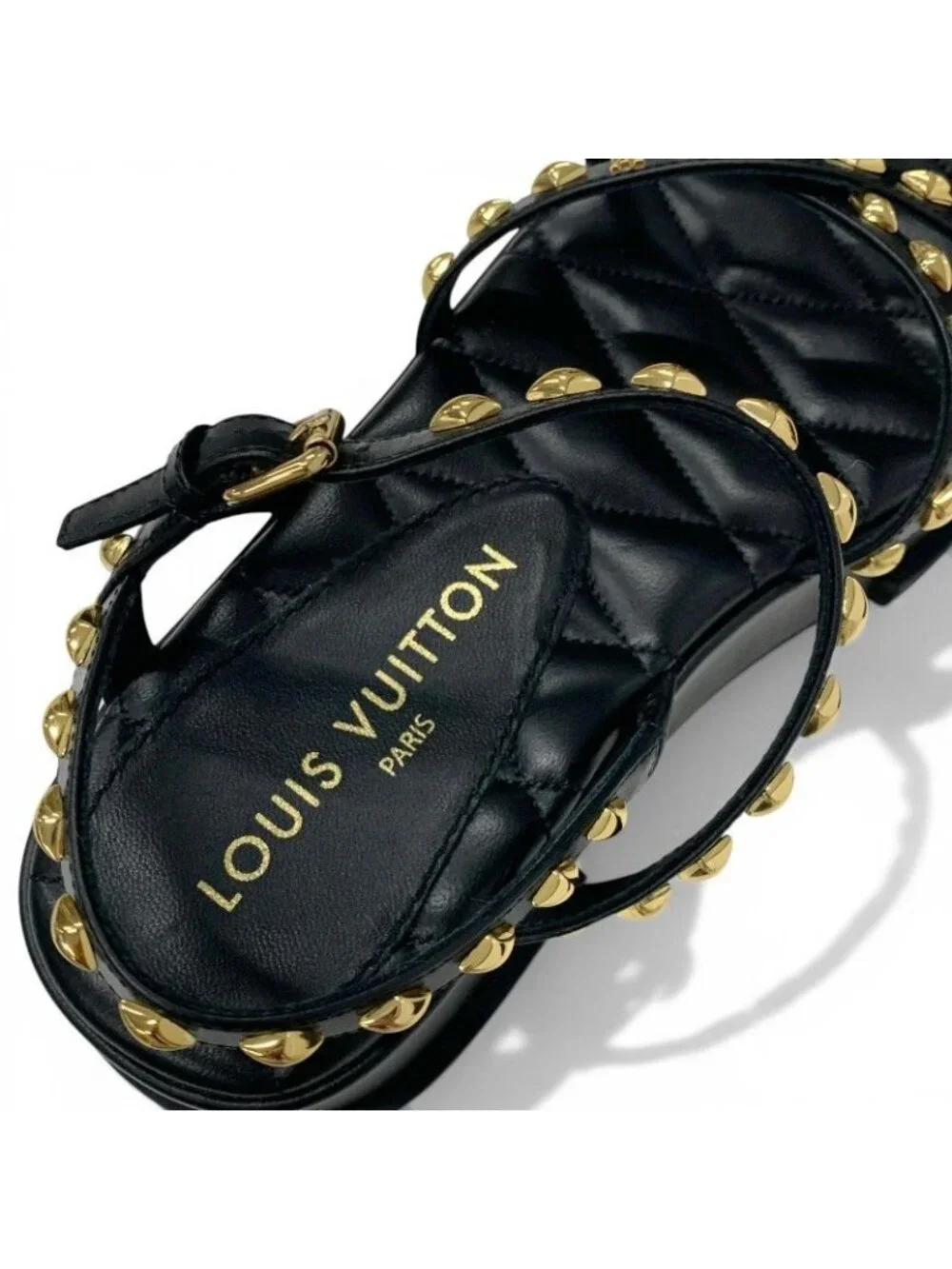 Louis Vuitton Maya Line Sandals Shoes Leather Black Gold LV Logo Studs Strap
